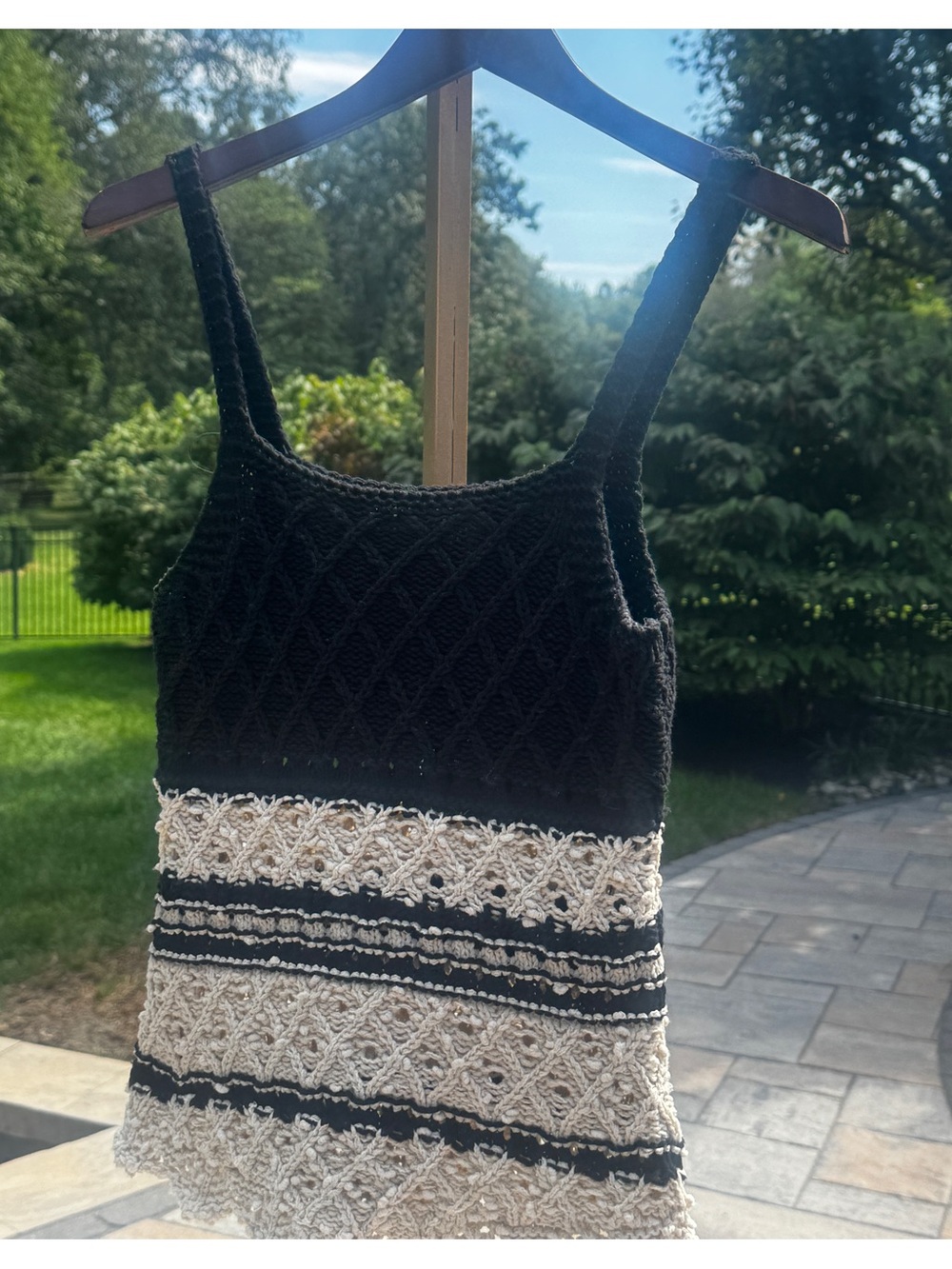 Zara Crochet Tank S Cable Knit Square Neck Strappy Black Cream Cotton Blend